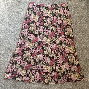 Notations Floral Midi Skirt - Pink and Brown Casual Stretch Large